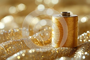 A spool of thread sitting on top of a gold fabric