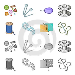 A spool with threads, a needle, a curl, a seam on the fabric.Sewing or tailoring tools set collection icons in cartoon