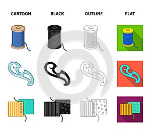 A spool with threads, a needle, a curl, a seam on the fabric.Sewing or tailoring tools set collection icons in cartoon