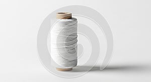 A spool of white thread stands vertically on a smooth, light-colored surface. The threa