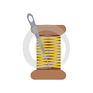 Spool of yellow thread with a needle in a flat style. Vector illustration