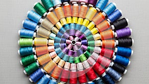 Spools are arranged in a circular pattern creating a rainbow