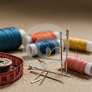 Spools of colorful thread lie on a textured surface, surrounded by sewing needles and