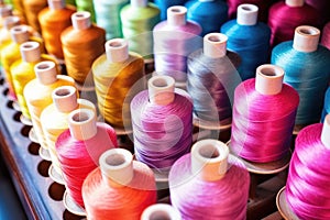 spools of colorful thread rolling in embroidery machine