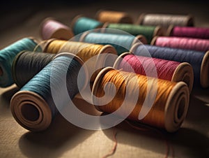 Spools of different colored threads on a table