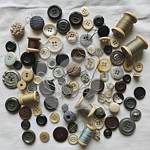 The spools hold thread in various colors including brown beige and