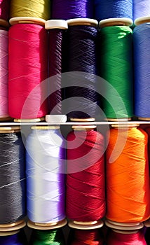 Spools of multi-colored sewing threads. White red green yellow orange blue.