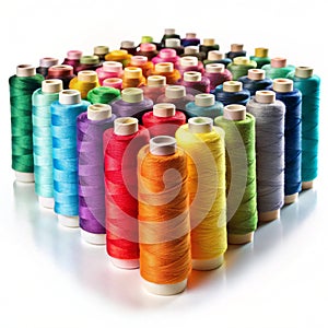 Spools of multicolored thread lined up on white background