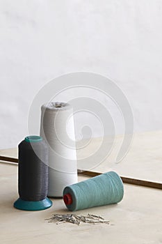 Spools of thead and pins on table photo