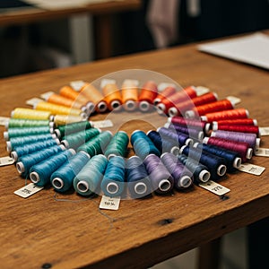 Spools of thread arranged in a circular pattern display a gradient of colors from