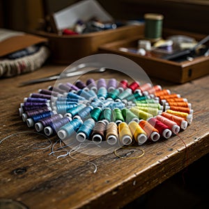 Spools of thread arranged in a circular pattern display a spectrum of colors on a