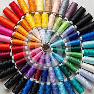 Spools of thread arranged in a circular pattern display a vibrant spectrum
