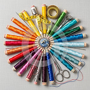Spools of thread are arranged in a circular pattern on a light gray
