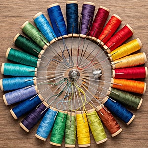 Spools of thread arranged in a circular pattern, showcasing a spectrum of colors from