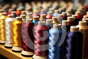 Spools of thread arranged in rows. Colorful embroidery thread spool using in garment industry, row of multicolored yarn