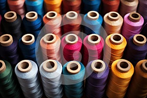 Spools of thread arranged in rows. Colorful embroidery thread spool using in garment industry, row of multicolored yarn