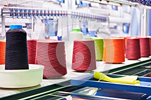 Spools of thread and knitting machines photo