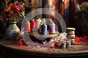 spools of thread and sewing accessories on table