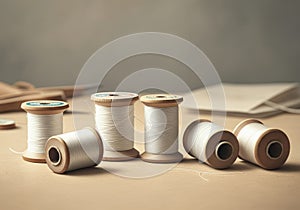 Spools of white thread arranged on a wooden surface for sewing projects