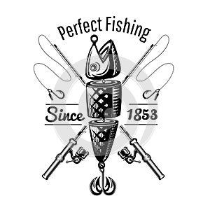 Spoon-bait fish with crossed fishing rods in engraving style. Logo for fishing or fishing shop on white