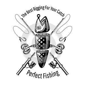 Spoon-bait fish with two hooks and crossed fishing rods in engraving style. Logo for fishing or fishing shop on white