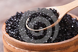 Spoon with black sturgeon caviar macro. photo