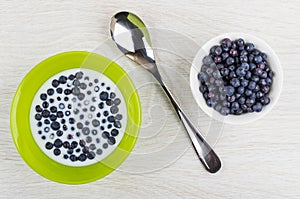 Spoon, blueberry with milk in bowl, bowl with berries