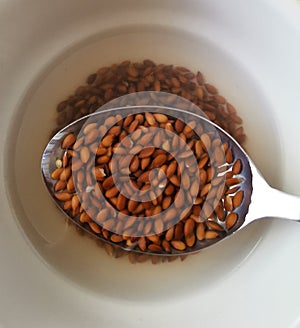 Spoon of boiled flax seeds. Cooked linseed. photo