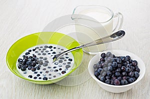 Spoon in bowl with blueberries, milk, jug of milk