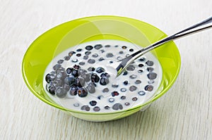 Spoon in bowl with blueberries and milk on table