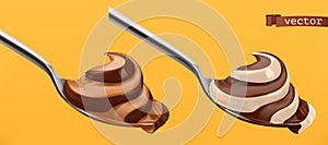 Spoon with chocolate and caramel. Swirl duo spread. 3d vector icon