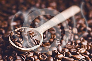 Spoon of coffee beans. Background. Energy. Raw coffee beans. Grained product. Hot drink. Close up. Harvesting. Natural