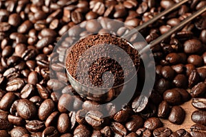 Spoon with coffee grounds and roasted beans