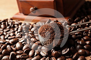 Spoon with coffee grounds and roasted beans on table