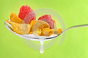 Spoon with corn flakes and raspberry