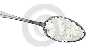 Spoon of cottage cheese isolated on white background, top view