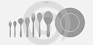 Spoon, dish and fork icon set. Kitchenware sign and symbol. Vector