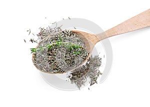 Spoon of dried thyme and fresh herb isolated on white, top view