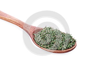 Spoon of dried thyme isolated on white