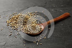 Spoon with fennel seeds on gray table, closeup