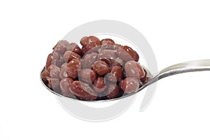 Spoon filled with organic cooked azuki beans