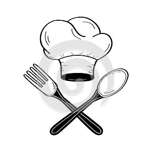 Spoon fork and chef's hat doodle icons. Kitchen chef design logo template.