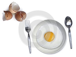 Spoon fork fried egg on plate on a white background