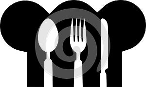 Spoon, fork, knife and chef`s hat, sticker label, restaurant logo