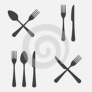 Spoon, fork and knife icon set. Vector illustration in flat style.