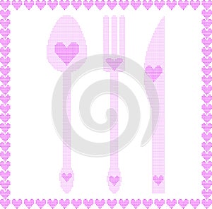 Spoon, fork and knife illustrations with hearts