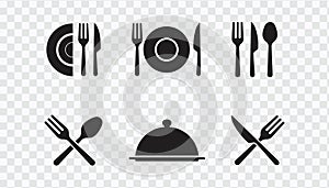 spoon, Fork, knife, plate icon set, Hand holding food tray , Dinner service collection eps 10