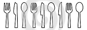 Spoon, Fork, knife, and plate icon set in line style, Dinner service collection