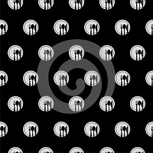 Spoon, Fork, knife and plate seamless pattern isolated on black background