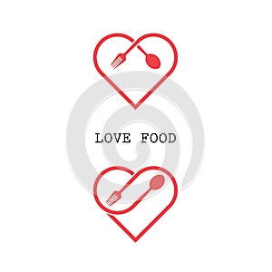 Spoon and fork logo with red heart shape vector design element.